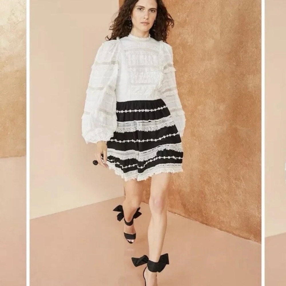 $695 Ulla Johnson Amour Black/White Applique Lace Puff Sleeve Mini Dress size 0